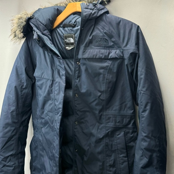North Face Down Parka Fur Hood Navy Blue Women’s Large Long Coat Goosedown - Picture 8 of 10